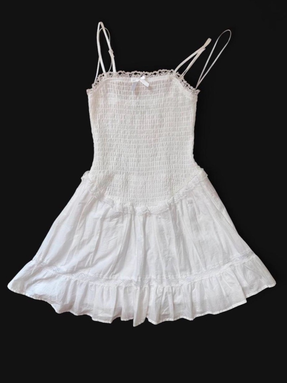 Francesca’s White Smocked Lace Trim Mini Dress — Size S
